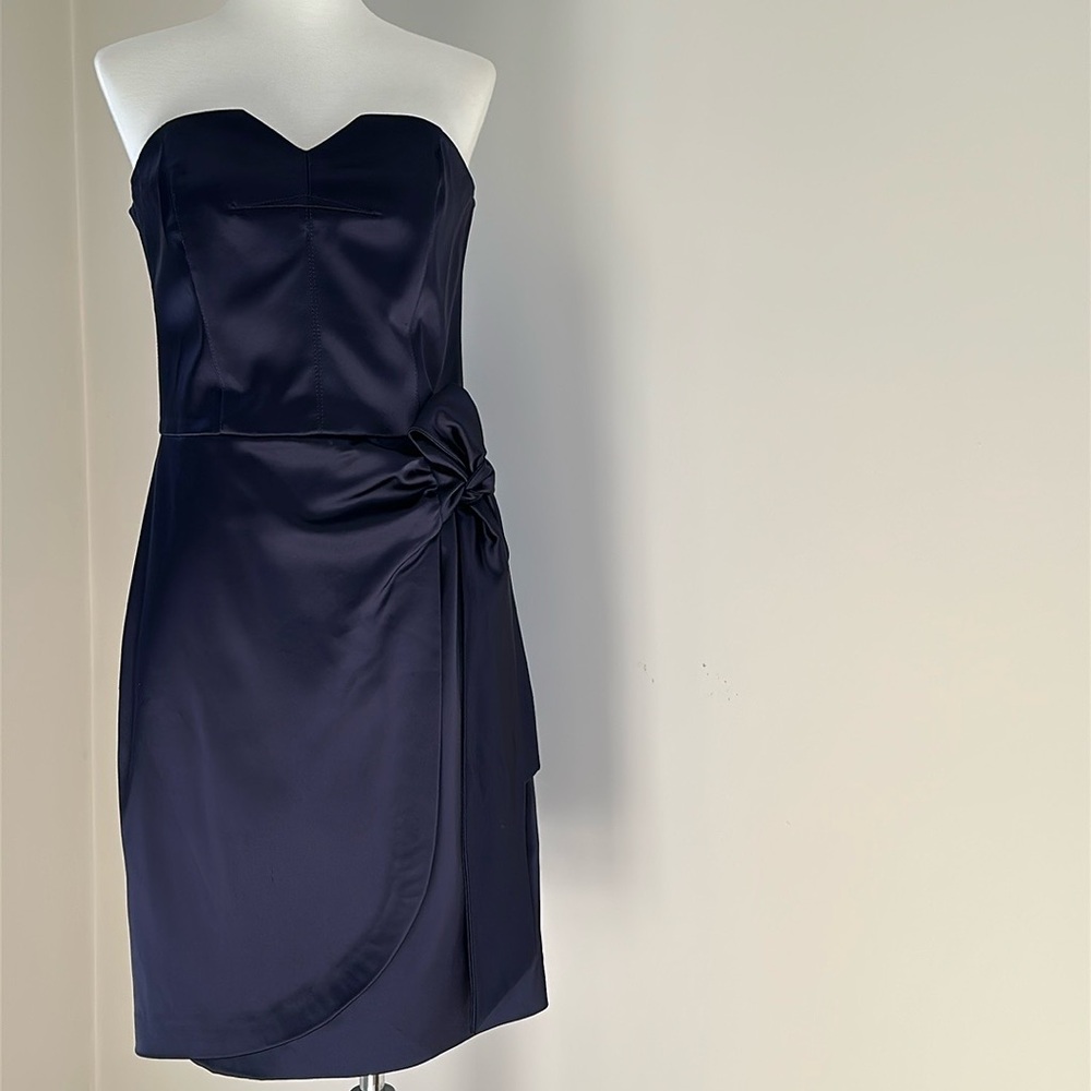 La Perla Collezione Strapless Satin Faux Wrap Dress Navy